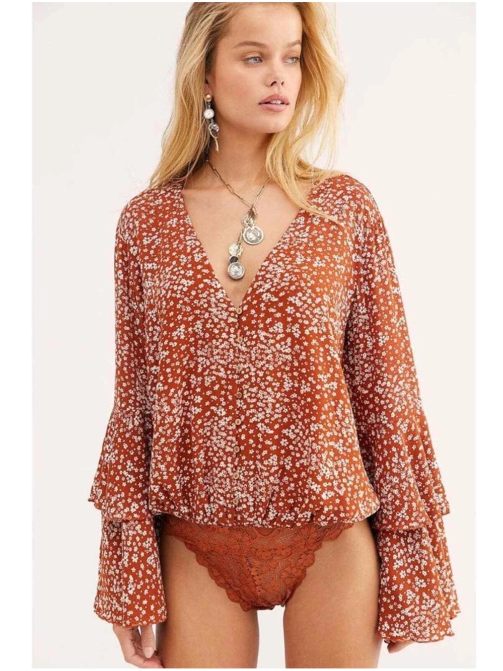 Free People Ditsy Floral Bell Sleeve Bodysuit- Burnt Orange